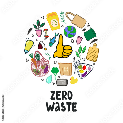 Hand drawn environmental protection round concept from plastic pollution. Zero waste lettering. Hand-drawn organic products, no harm to the environment in doodle style. Garbage sorting and recycling. 