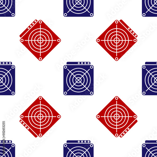 Blue and red ASIC Miner icon isolated seamless pattern on white background. Cryptocurrency mining equipment and hardware. Application specific integrated circuit. Vector Illustration