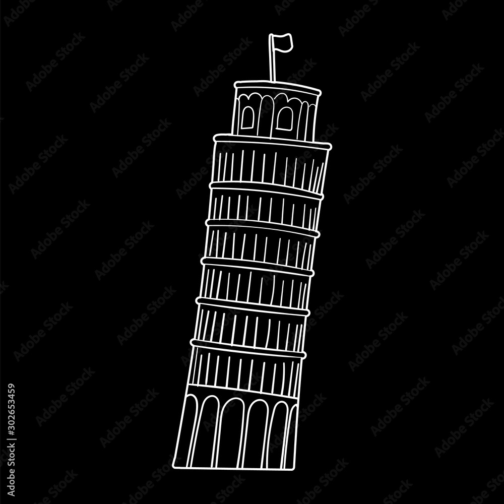 Vector outlined illustration of the Leaning Tower of Pisa in Italy. Hand-drawn illustration of an ancient building
