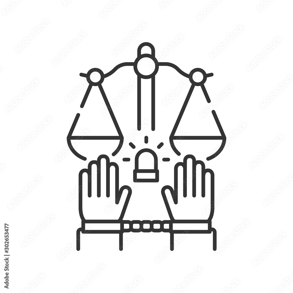 Criminal court line color icon. Convicted man in handcuffs concept. Law justice. Sign for web page, mobile app