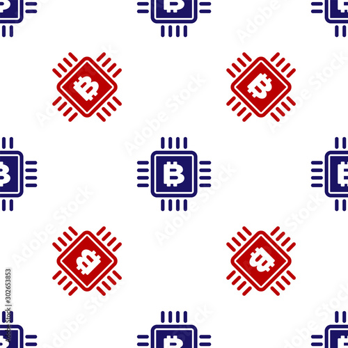 Blue and red CPU mining farm icon isolated seamless pattern on white background. Bitcoin sign inside microchip. Cryptocurrency mining community. Digital money. Vector Illustration