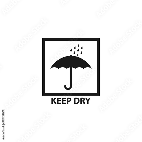 Keep dry label symbol, umbrella black vector icon for packaging.