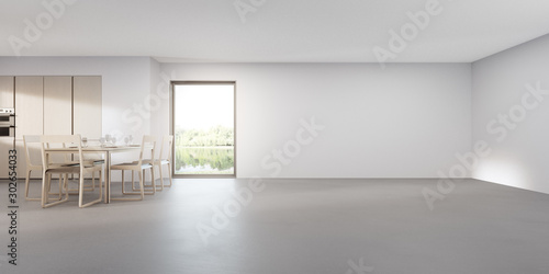 Glass window near wooden table and cabinet of modern lake view kitchen in luxury summer house. Gray concrete floor dining room 3d rendering with empty large white wall background.
