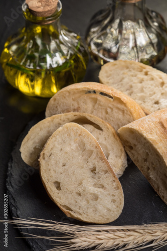 Italian ciabatta bread cut in slices.