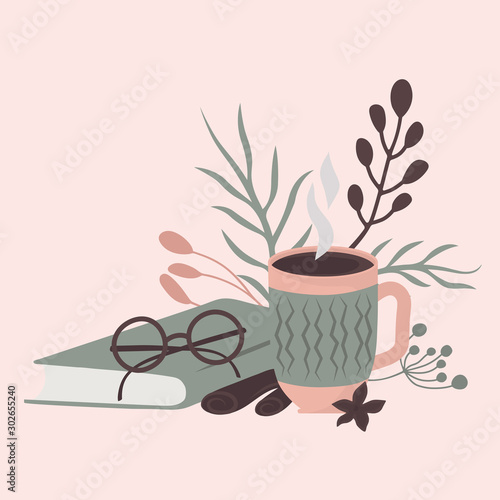 Winter mood still life of cute things interior. Cozy hygge vector pre-made compositions in Scandinavian style. Ideal for social media, posters, cards. 