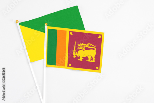 Sri Lanka and French Guiana stick flags on white background. High quality fabric, miniature national flag. Peaceful global concept.White floor for copy space.