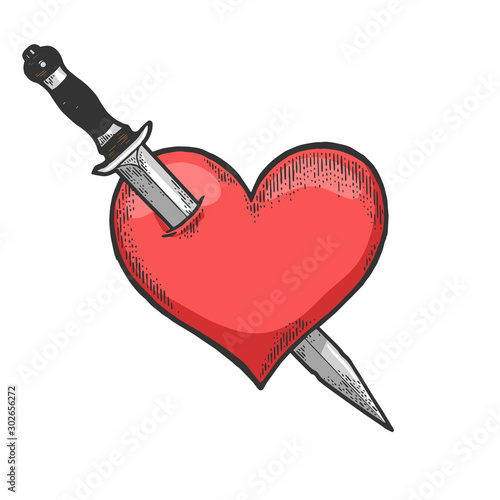 Heart symbol pierced with knife dagger weapon sketch engraving vector illustration. Romantic love lovesickness symbol. T-shirt apparel print design. Scratch board imitation.