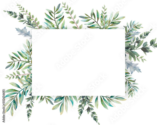 Watercolor greenery card design. Hand painted floral template: plants frame on white background.