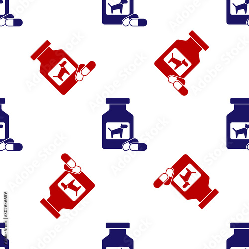 Blue and red Dog medicine bottle and pills icon isolated seamless pattern on white background. Container with pills. Prescription medicine for animal. Vector Illustration