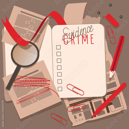 The diary of the detective.   On the page you can record your investigation. Inscription evidence of crime. The detective highlights the important information with a red marker. Vector illustration.