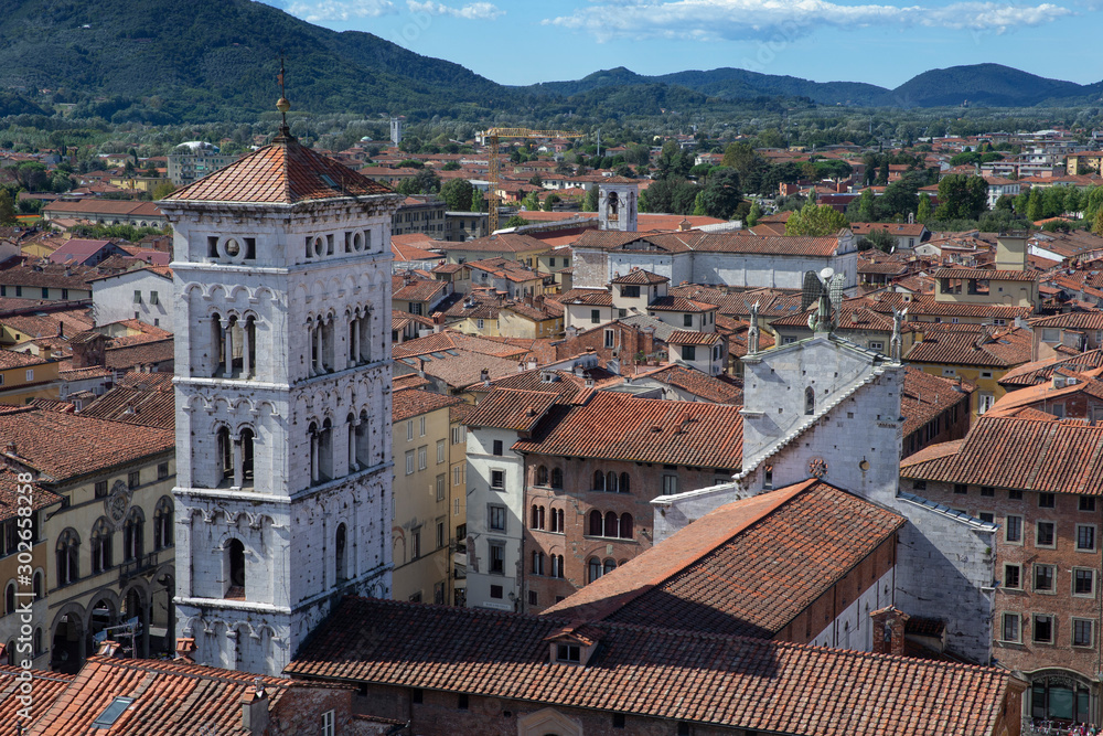 Lucca Tuscany Italy. View from the Torre delle Ore, Clocktower . Panoramic view. Tpower