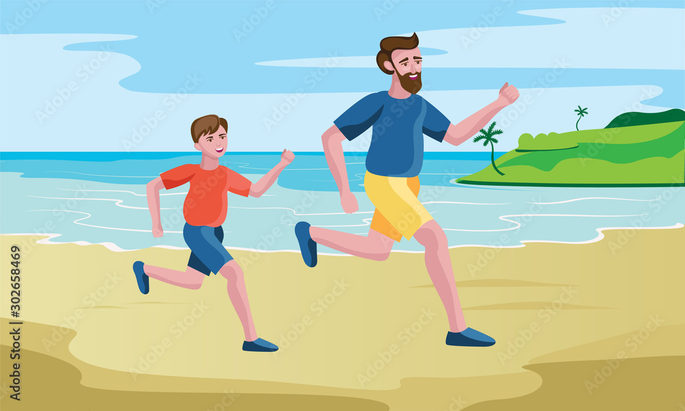 Obraz premium father and son running or jogging at seashore