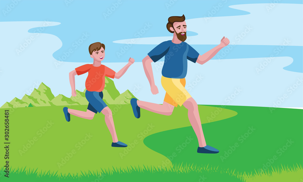 father and son running or jogging on grass father and son running or jogging on grass