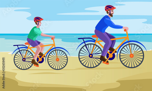 father and son cycling at seashore © movinglines.studio