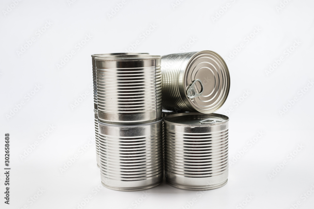 Group of silver canned food on white background. Group of silver canned food on white background.
