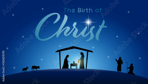 Christmas time. Manger with baby Jesus, Mary, Joseph and star of Bethlehem. Text : The Birth of Christ