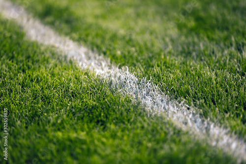 Soccer pitch white line. Grass football field. Close up of sports grass venue