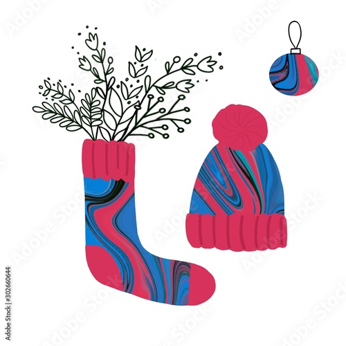 bright beautiful set of sock, ski cap, christmas tree toy and twigs. for design postcars and illustration. photo