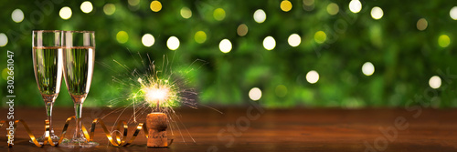 New Year'eve banner, Toast champagne Christmas lights background