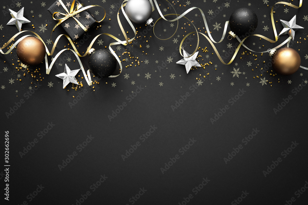 Christmas golden decoration on dark background - obrazy, fototapety, plakaty 