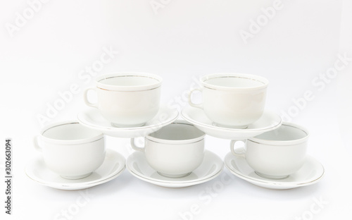 Set of white porcelain coffe cup with silver lines - isolated china ware, mass product