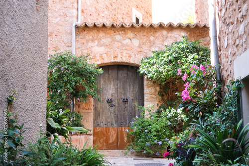 Old door on the flower street of the village