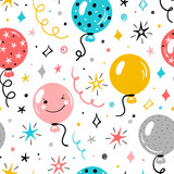 Festive Seamless Vector Pattern with Doodle Cute Balloons and Stars. Colorful Background for Kids with Cartoon Balloon, Star, Serpentine and Confetti Pieces. Holiday or Birthday Party Design