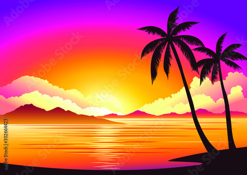 Fototapeta Naklejka Na Ścianę i Meble -  Vector image, background beautiful sunset on the beach