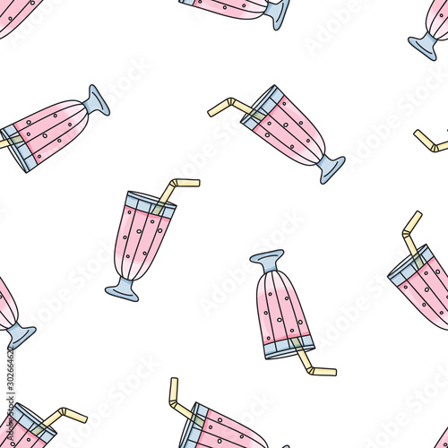 Seamless food vector pattern. Cartoon hand drawn glass of strawberry milkshake on white background. Doodle flat illustration for textile, wallpaper, clothes. Colored sweet drink with tube