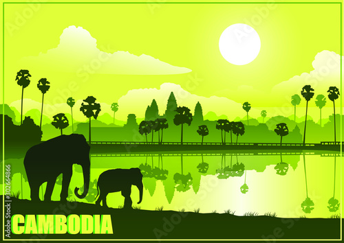 Green vector background image, cambogia temple. © Vladislav