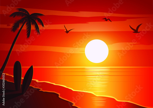 Vector image, background beautiful sunset on the beach © Vladislav