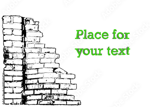 Silhouette of a ruined wall, broken brickwork. Vector illustration with space for text. Object on isolated light background.