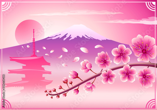Pink  background image, asia japan, mount and sakura. © Vladislav