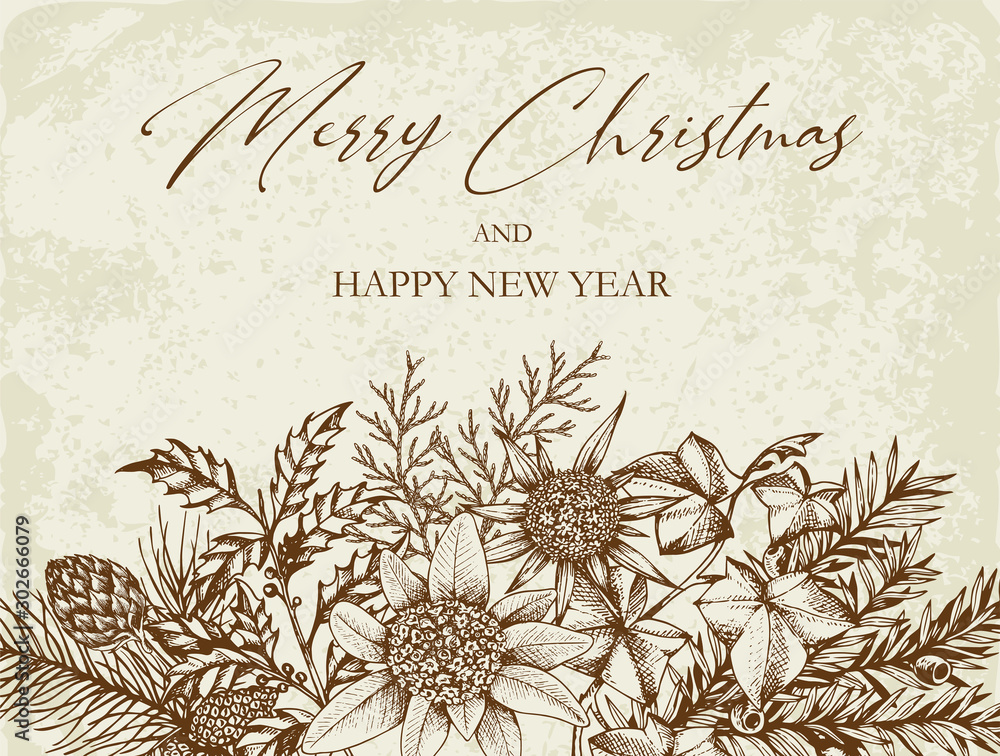 Obraz premium Vintage floral Christmas greeting card