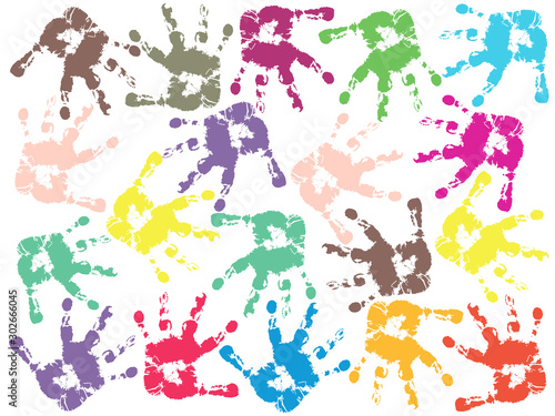 Colored baby hands set, palms, silhouette, imprint. Vector illustration.