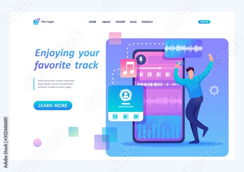 Young teen guy enjoys his favorite music track. Flat 2D character. Landing page concepts and web design