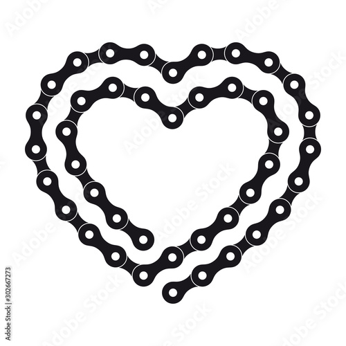 Vector black heart created from long bike chain. Isolated on white background.