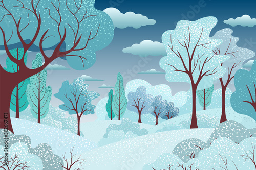 Winter  landscape with trees, bush. Christmas design, illustration for new year. Background with forest. Nature banner  with plants. Vector flat design