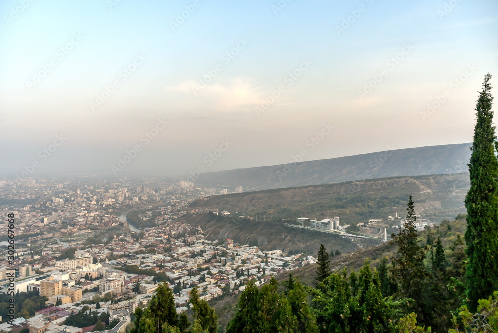 Fototapeta premium Old Tbilisi, Tbilisi, Georgia, October 17, 2019, Arial view of Tbilisi from Medieval castle of Narikala and Tbilisi city overview, Republic of Georgia, Caucasus region
