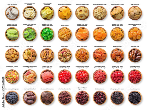 Fototapeta Naklejka Na Ścianę i Meble -  collection candied and dried fruits, sundried berries isolated on white background. dates, pineapple, figs,  apricots, prune, raisins, apples, pears, peach,  plums,  grapes and other organic foods.