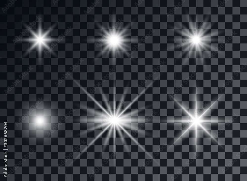 Glowing white stars, lights, flashlight. Explosion effect. Objects on an isolated transparent background. Glowing white stars, lights, flashlight. Explosion effect. Objects on an isolated transparent background.