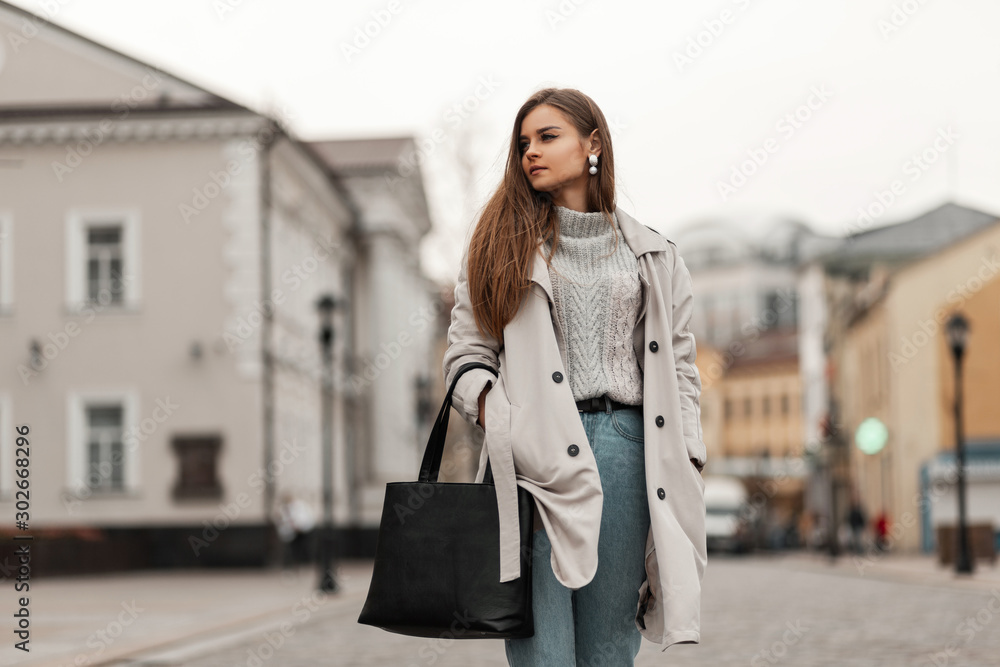 Beautiful Young Stylish Girl Bag Fashion Gray Coat Black Pants