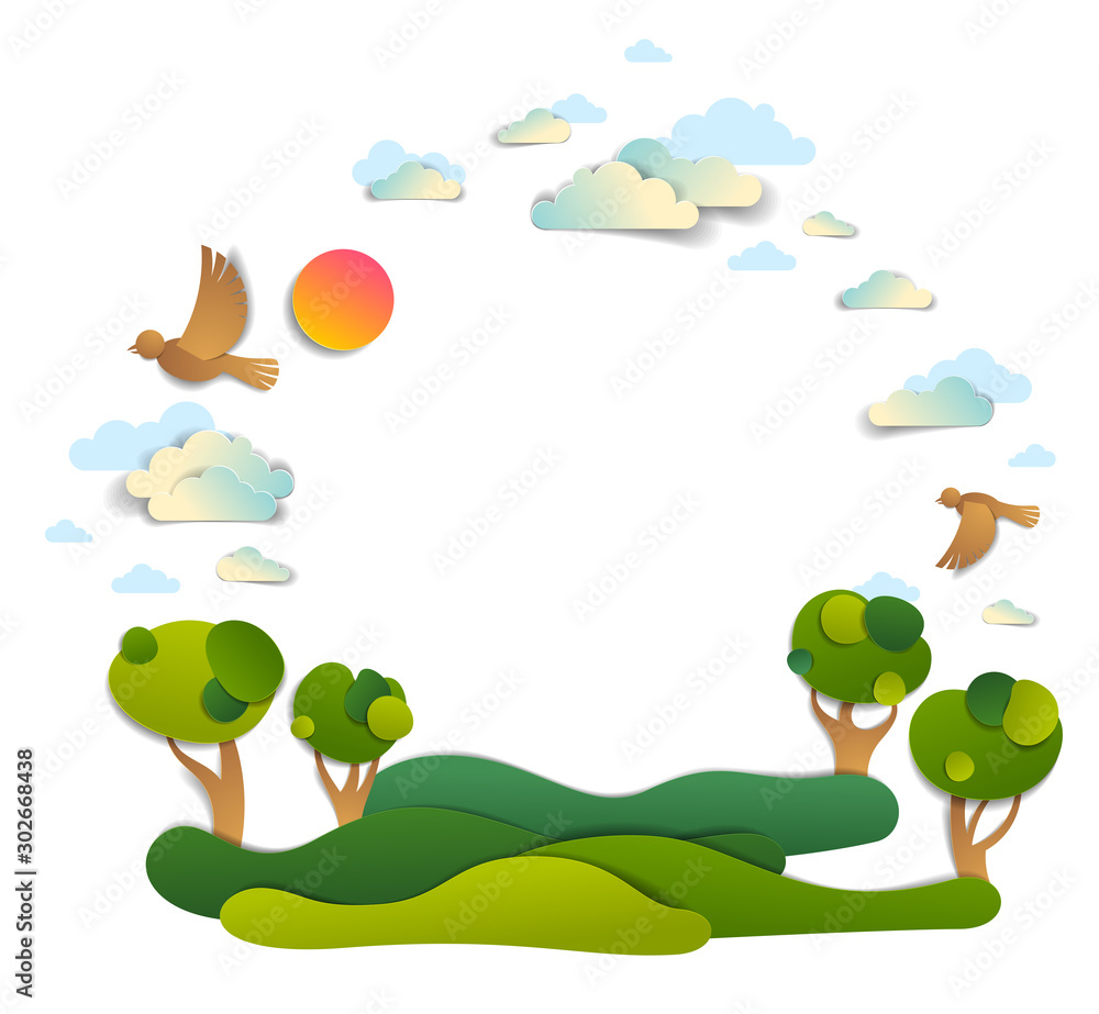 Scenic landscape of meadows and trees, cloudy sky with birds and sun, frame background with copy space,  vector illustration in paper cut. Summer holidays in countryside, travel and tourism.
