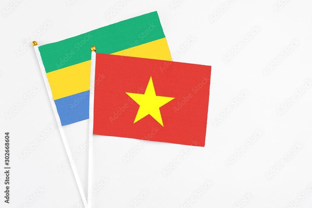 Vietnam and Gabon stick flags on white background. High quality fabric, miniature national flag. Peaceful global concept.White floor for copy space. Vietnam and Gabon stick flags on white background. High quality fabric, miniature national flag. Peaceful global concept.White floor for copy space.