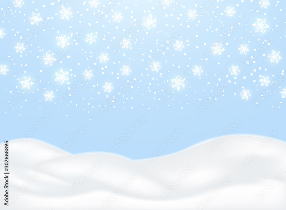 Snowdrift. Frozen lying snow. Falling white snow, snowflakes. Vector winter Christmas illustration blue background. Snowdrift. Frozen lying snow. Falling white snow, snowflakes. Vector winter Christmas illustration blue background.