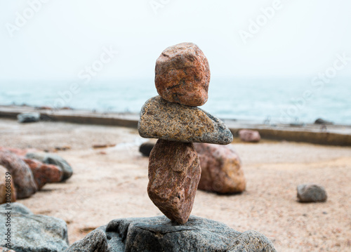 Photography rocks balance on the seaside promenade, gravity balance of stones