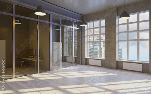 office space of an old building. glass partitions. retro windows. 3D rendering