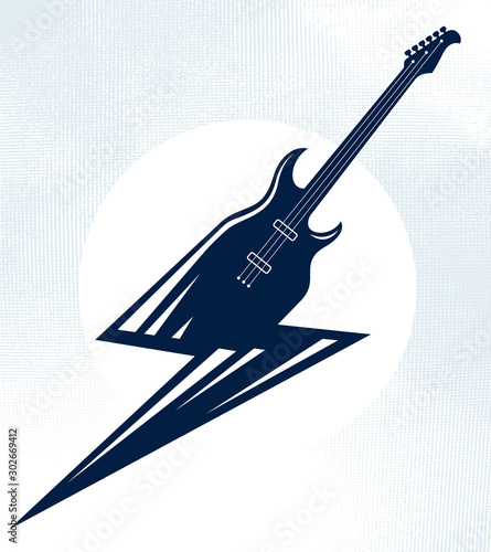 Fotografija Electric guitar in a shape of lightning, hot rock music, Hard Rock or Rock and Roll concert or festival label, night club live show band performance, vector logo