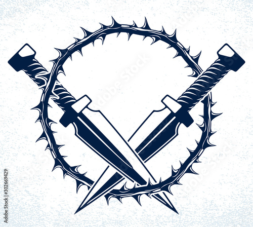 Dagger knives crossed vector criminal gang logo or sign, gangster style theme.