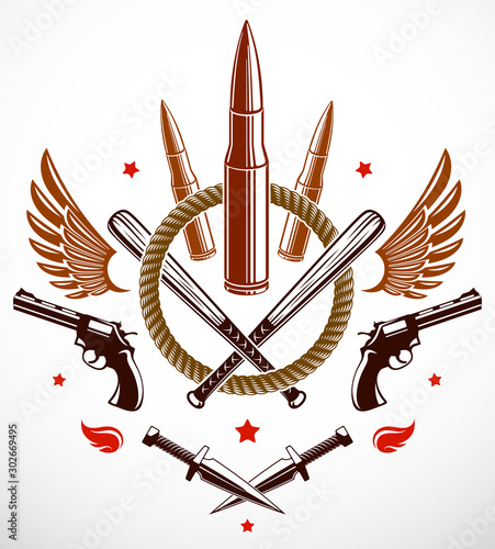 Revolution and War vector emblem with bullets and guns, logo or tattoo with lots of different design elements, riot partisan warrior, criminal and anarchist style, social tension theme.
